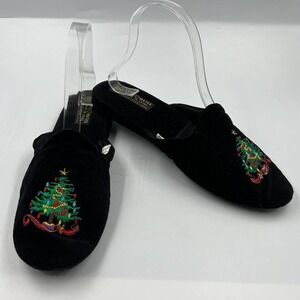 Love Mates Embroidered Christmas Tree Slippers Open Back Velvet Fabric Women's 6